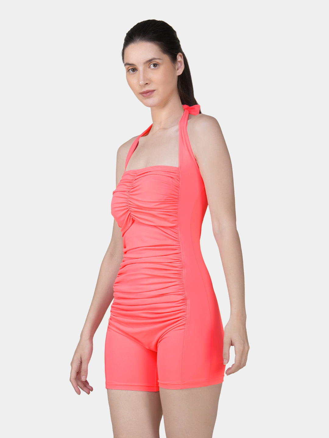 Brauch Coral Pink Padded Ruched Halter Neck Swimdress