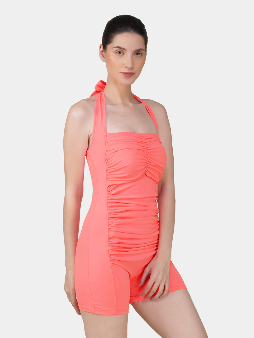 Brauch Coral Pink Padded Ruched Halter Neck Swimdress