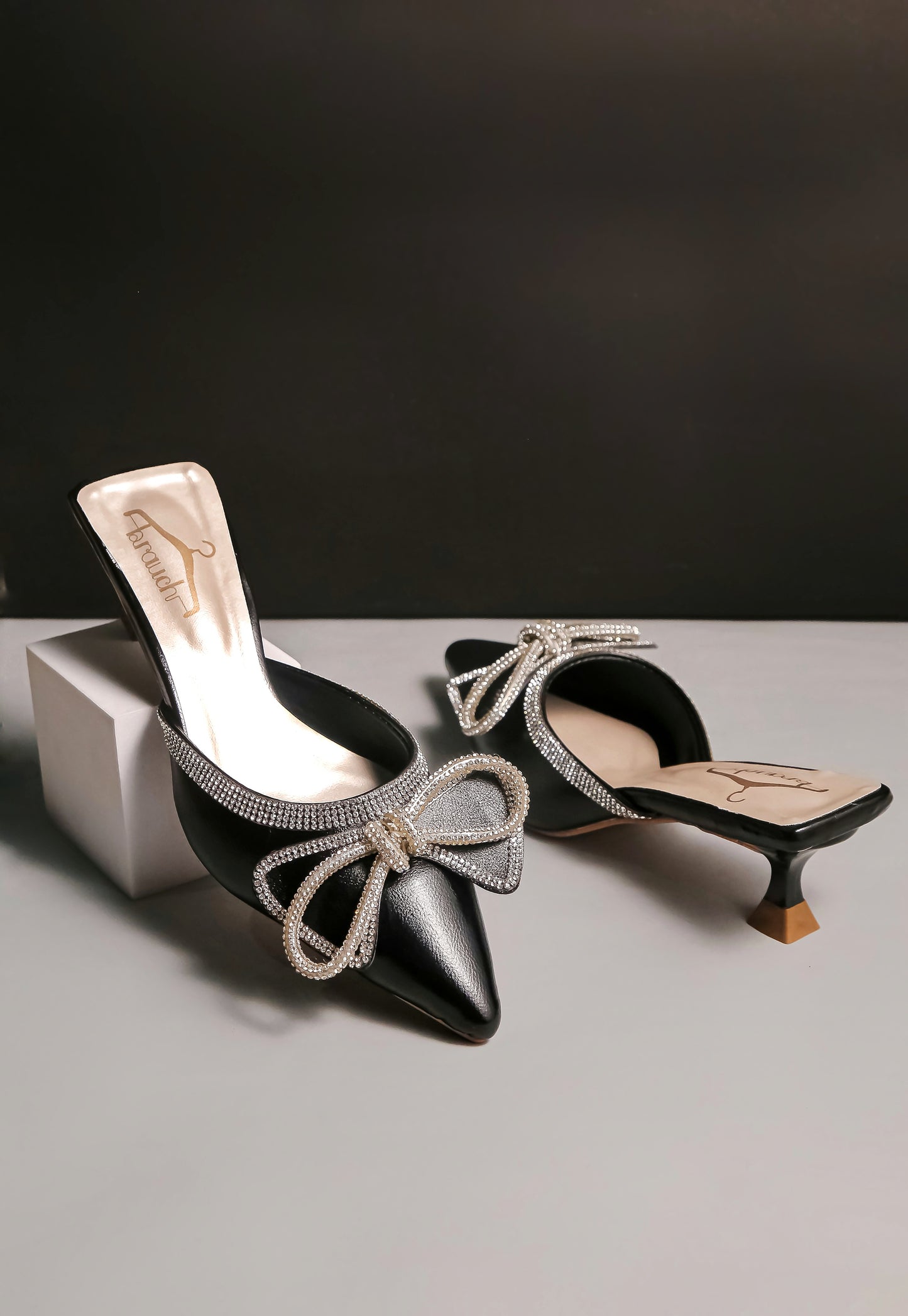 Brauch Black Embellished Rhinestone Bow Kitten Heel Mules