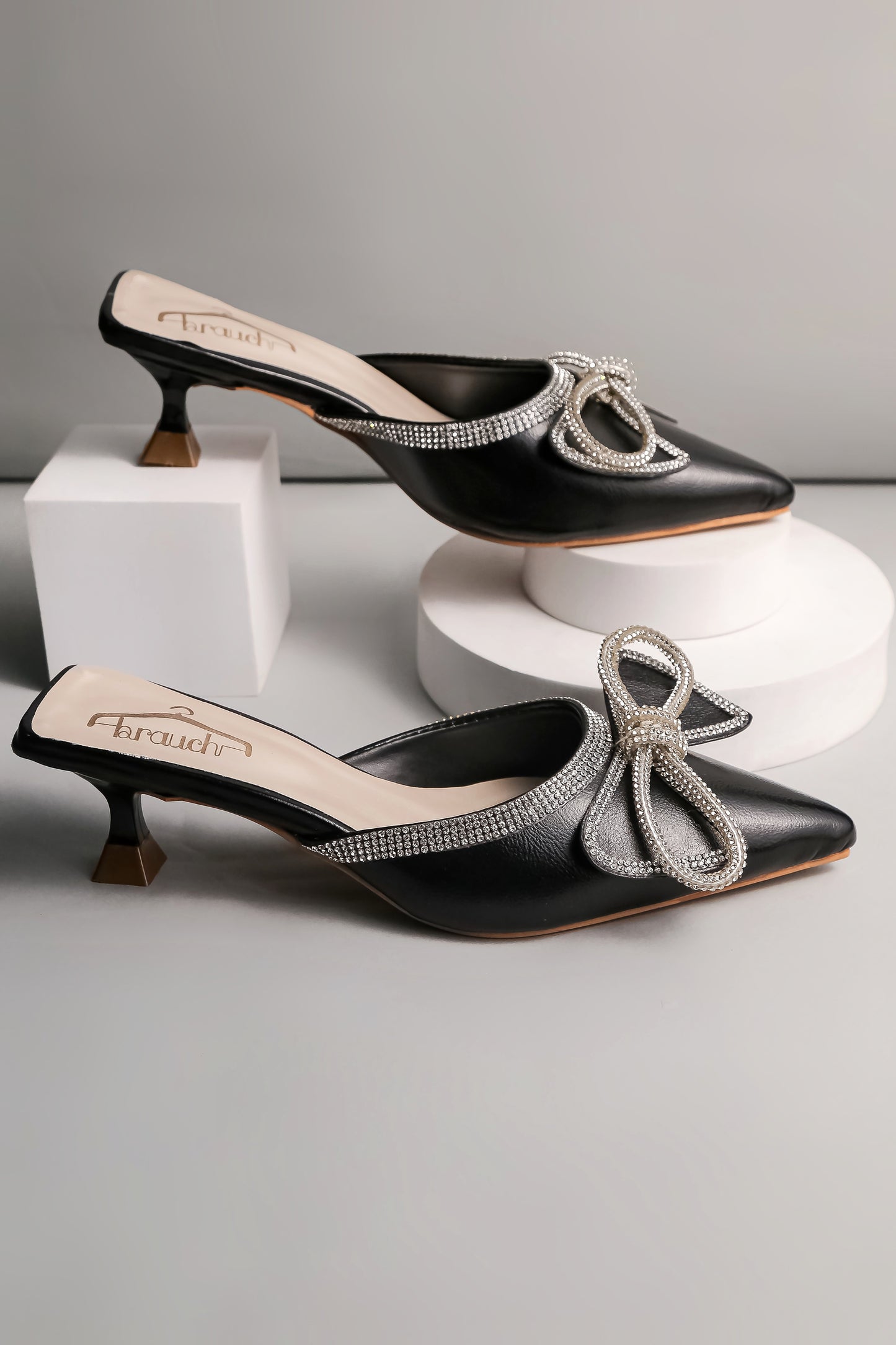 Brauch Black Embellished Rhinestone Bow Kitten Heel Mules
