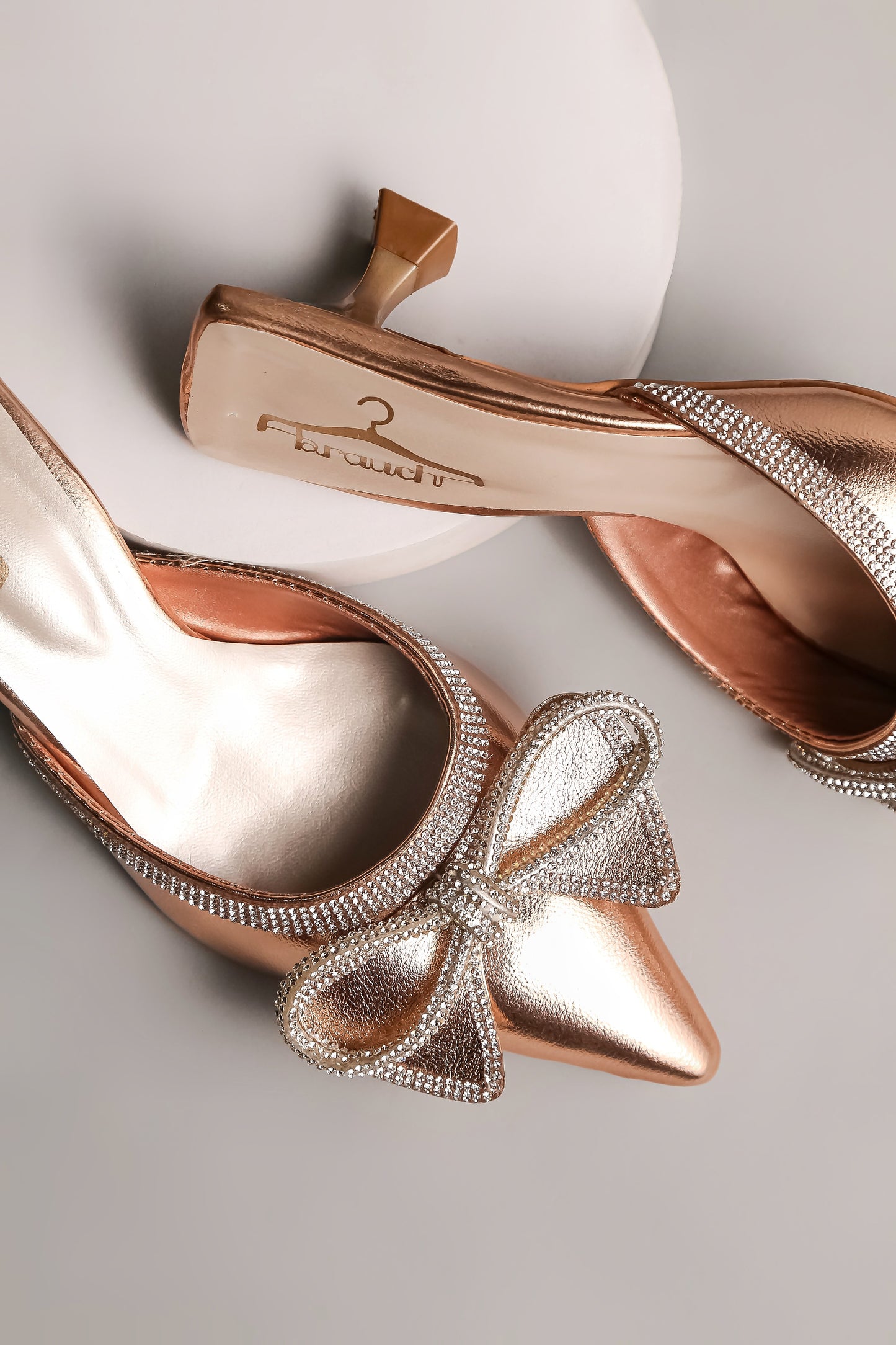 Brauch Rose Gold Embellished Rhinestone Bow Kitten Heel Mules