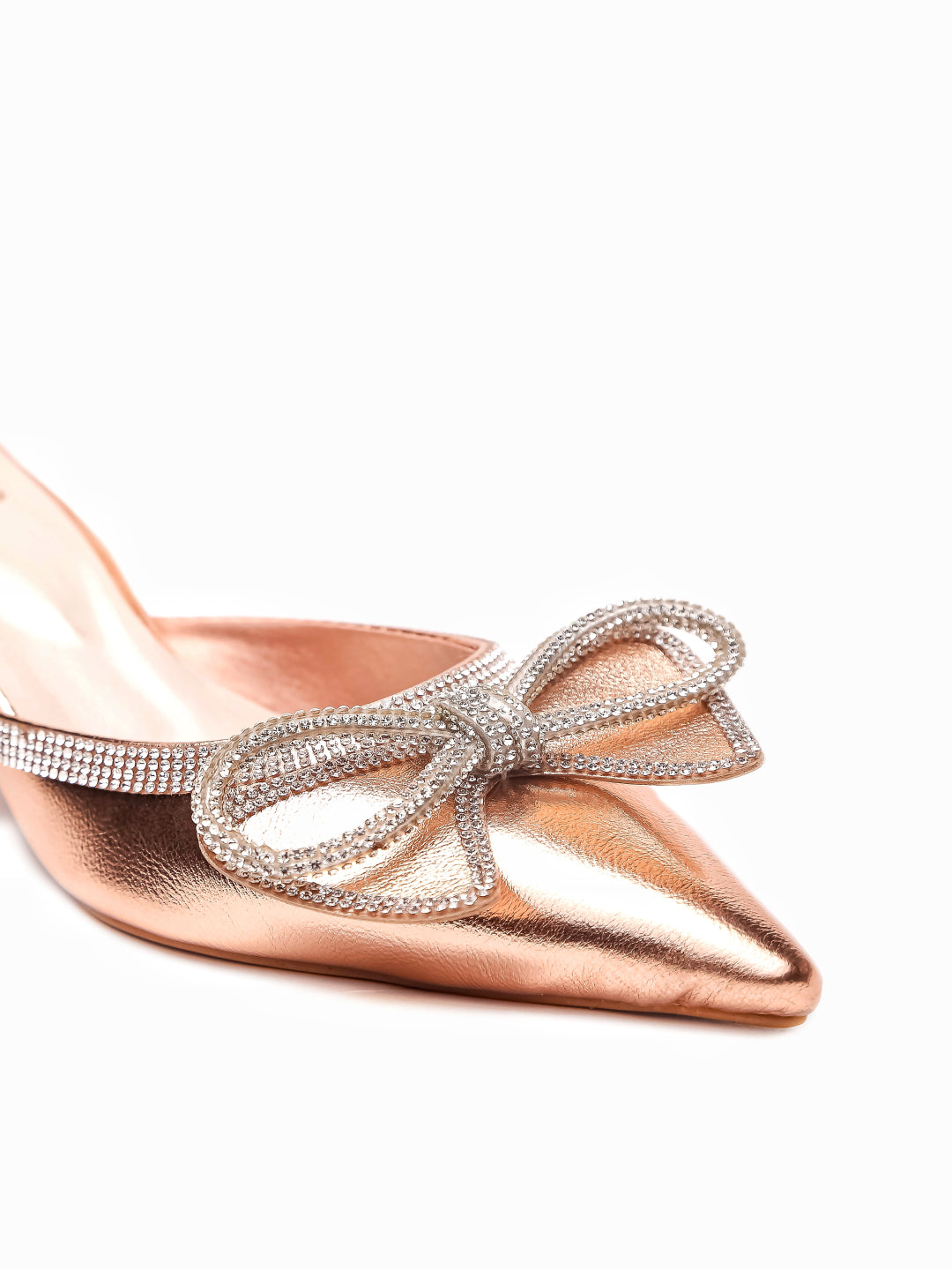 Brauch Rose Gold Embellished Rhinestone Bow Kitten Heel Mules