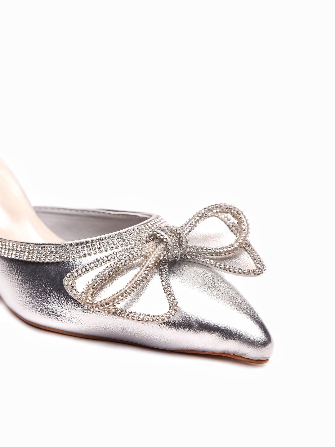 Brauch Silver Embellished Rhinestone Bow Kitten Heel Mules