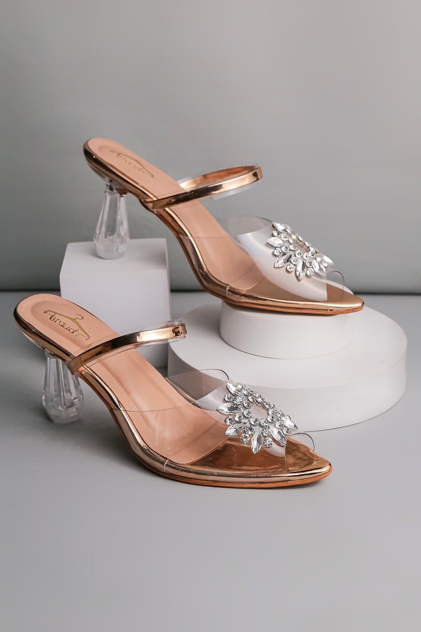 Brauch Rose Gold Diamond Buckle Transparent Peep Toe Heel