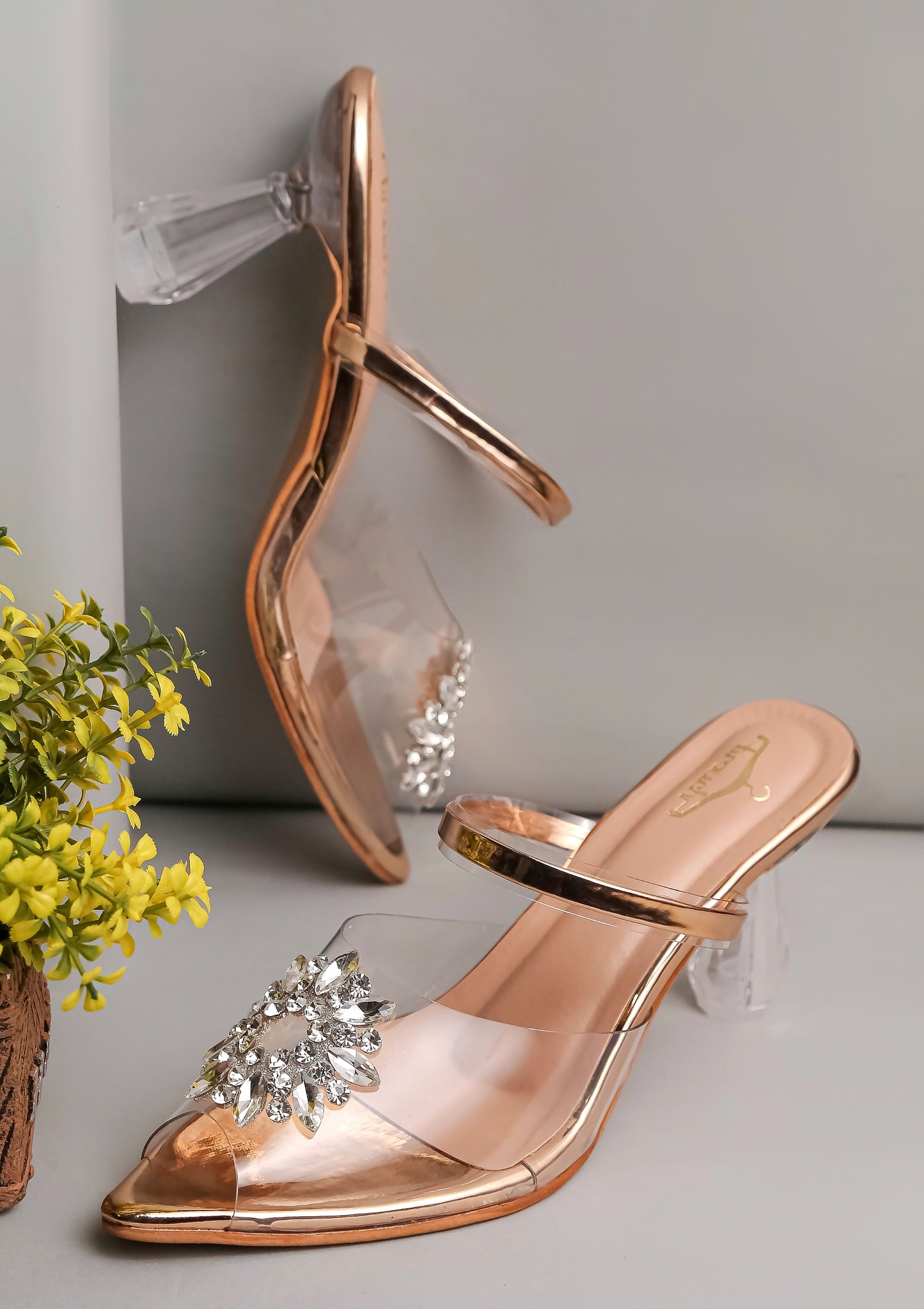Brauch Rose Gold Diamond Buckle Transparent Peep Toe Heel