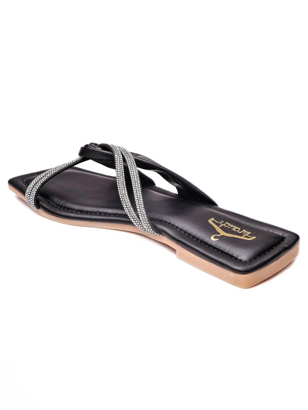 Brauch Women Black Cross Strap Rhinestone Flats