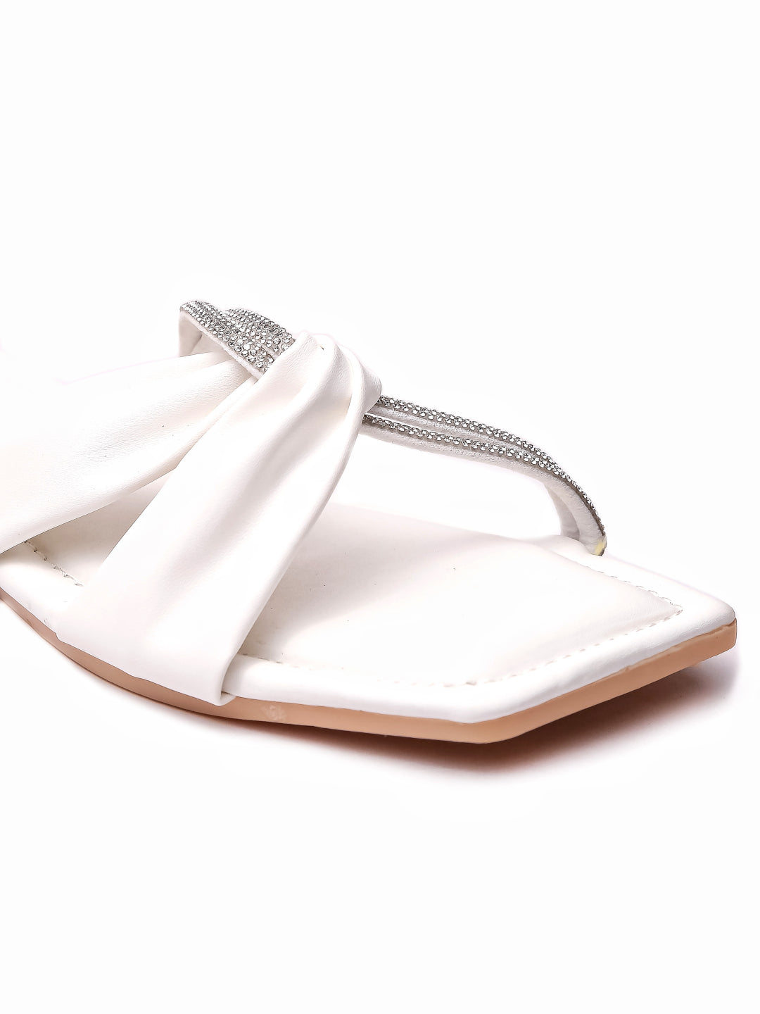 Brauch Women White Cross Strap Rhinestone Flats