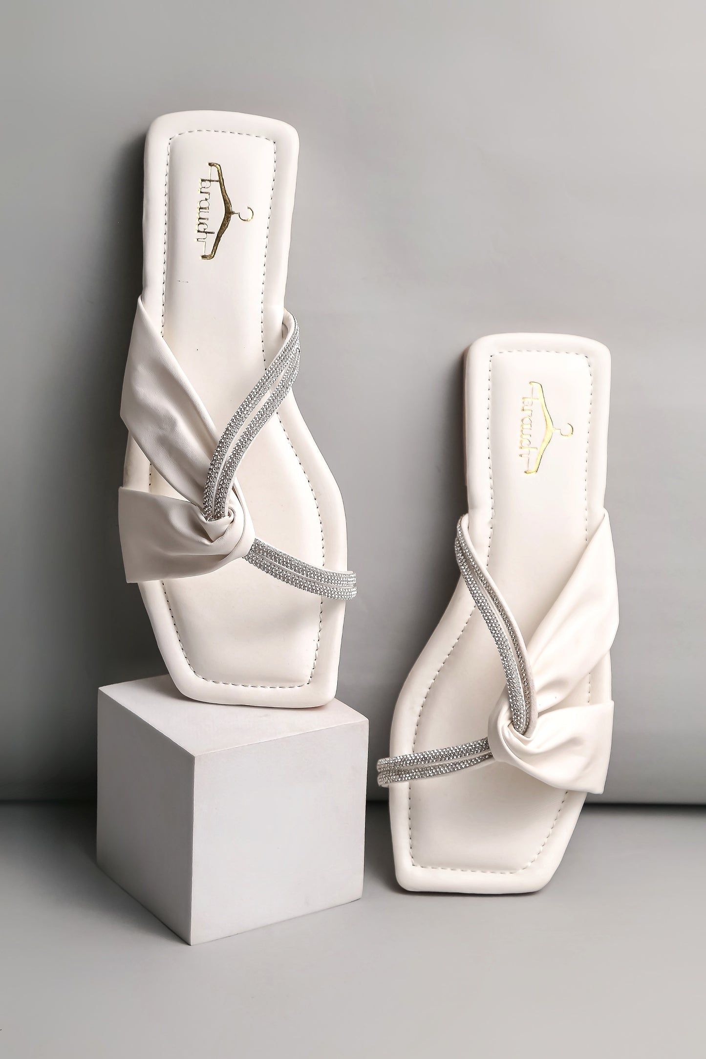 Brauch Women White Cross Strap Rhinestone Flats
