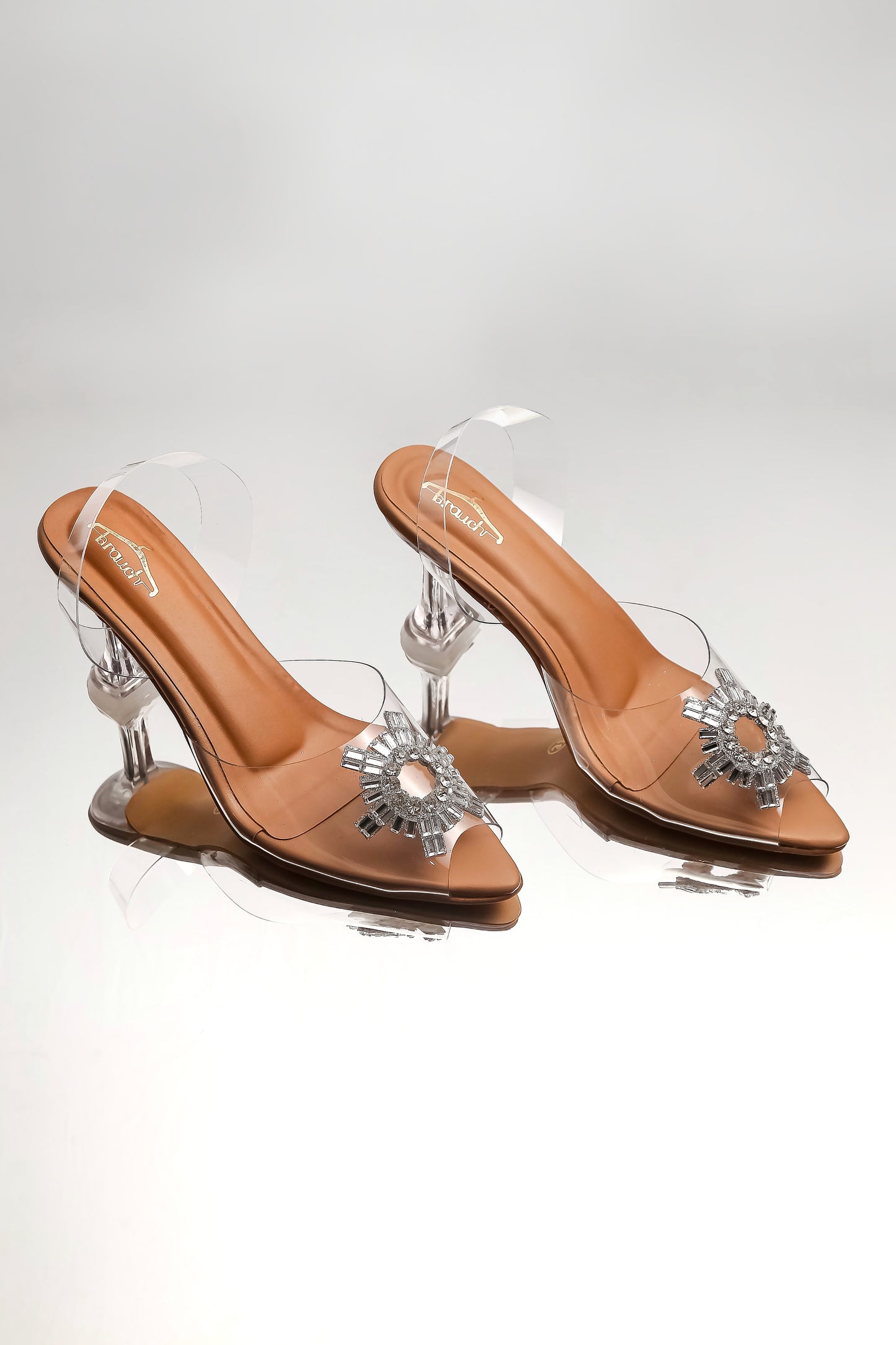 Brauch Tan Diamond Buckle Slingback Peep Toe Mule Heels