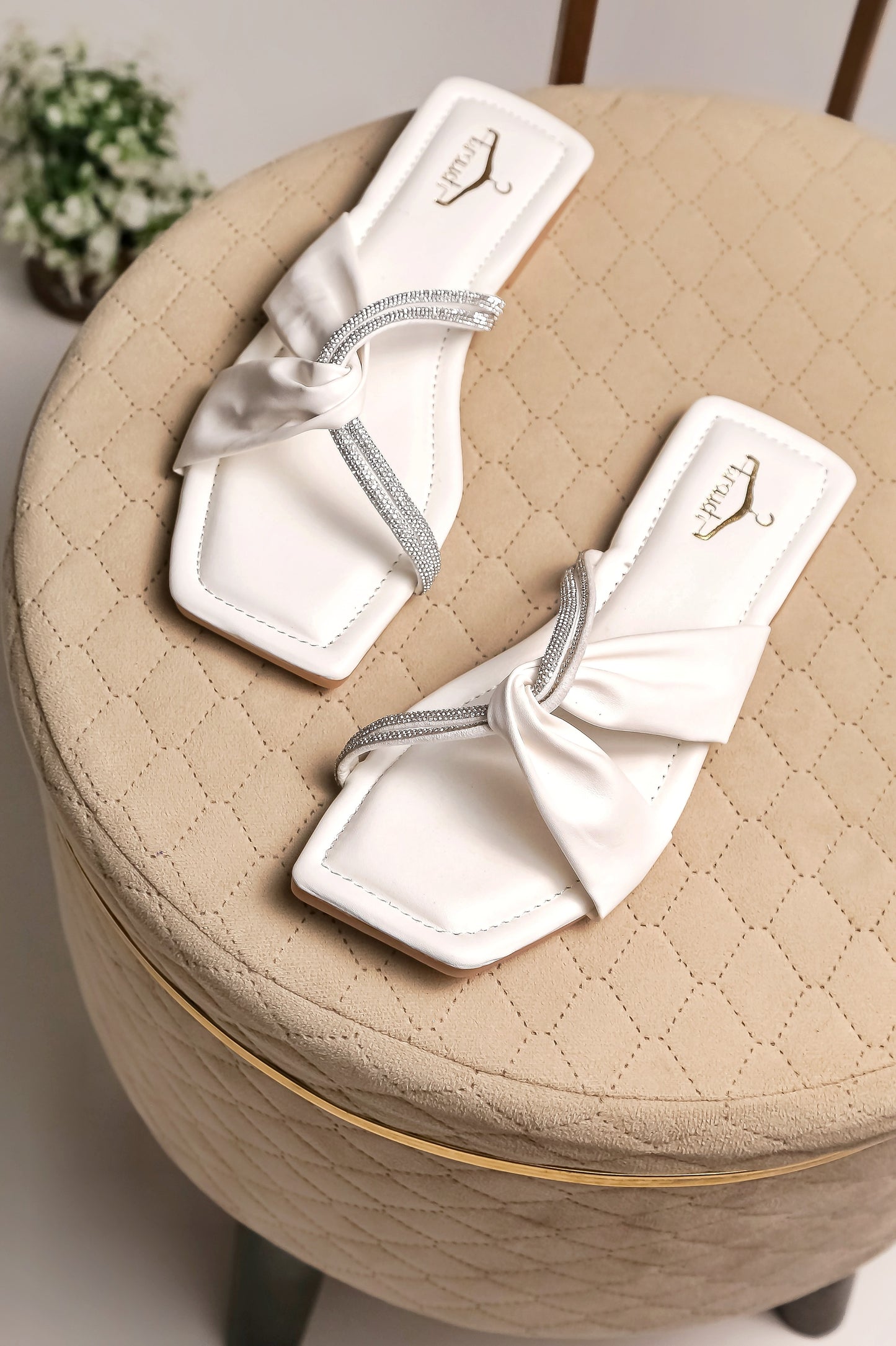 Brauch Women White Cross Strap Rhinestone Flats