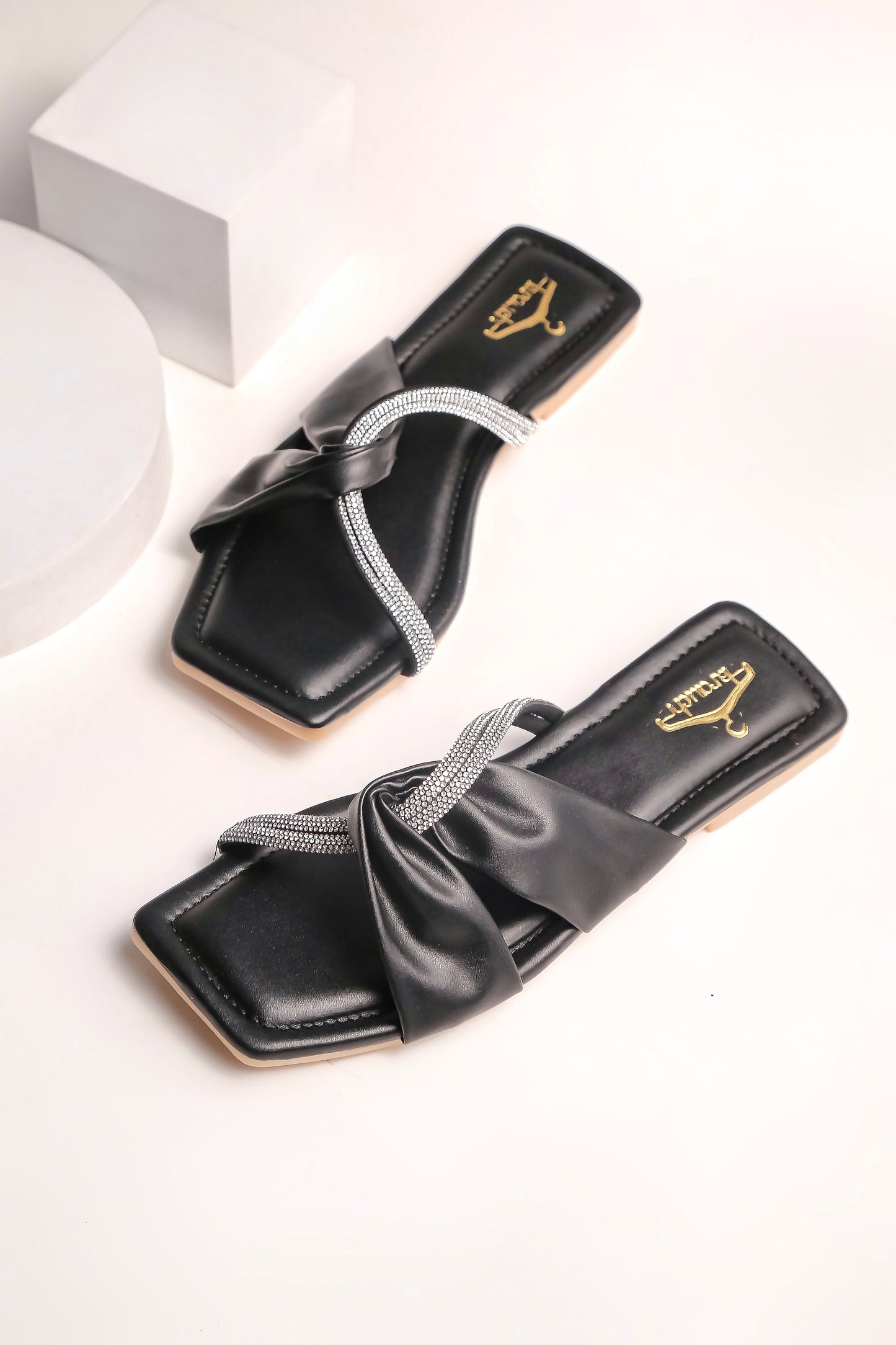 Brauch Women Black Cross Strap Rhinestone Flats