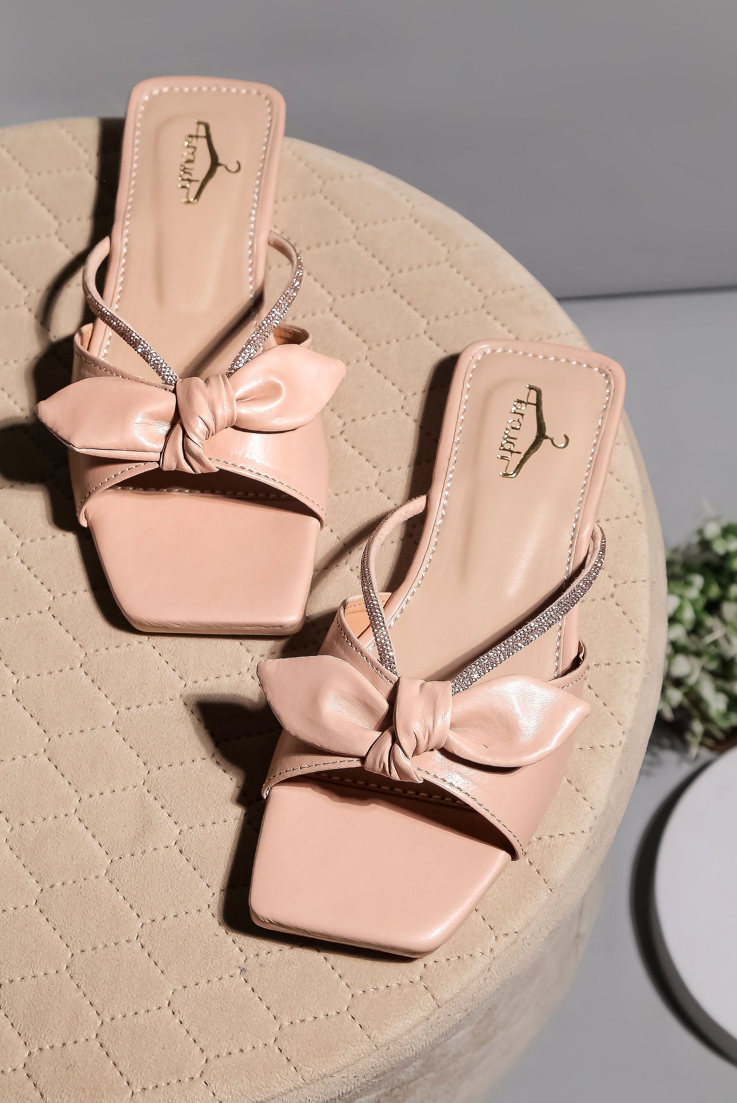 Brauch Women Peach Rhinestone Embellished Bow Flats