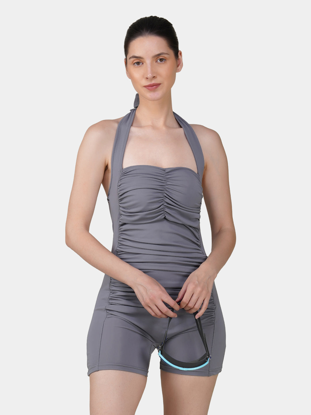 Brauch Grey Padded Ruched Halter Neck Swimdress