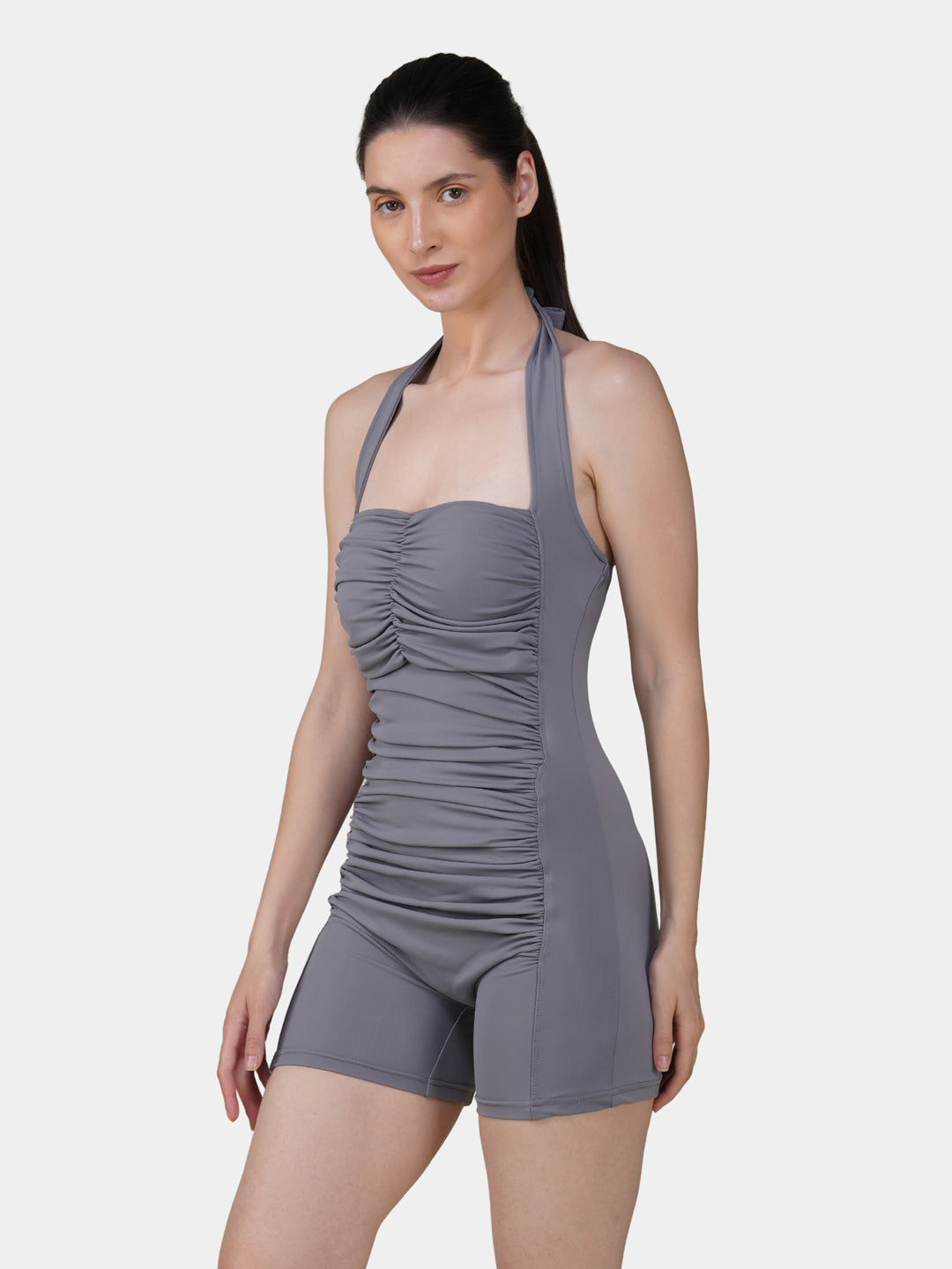 Brauch Grey Padded Ruched Halter Neck Swimdress