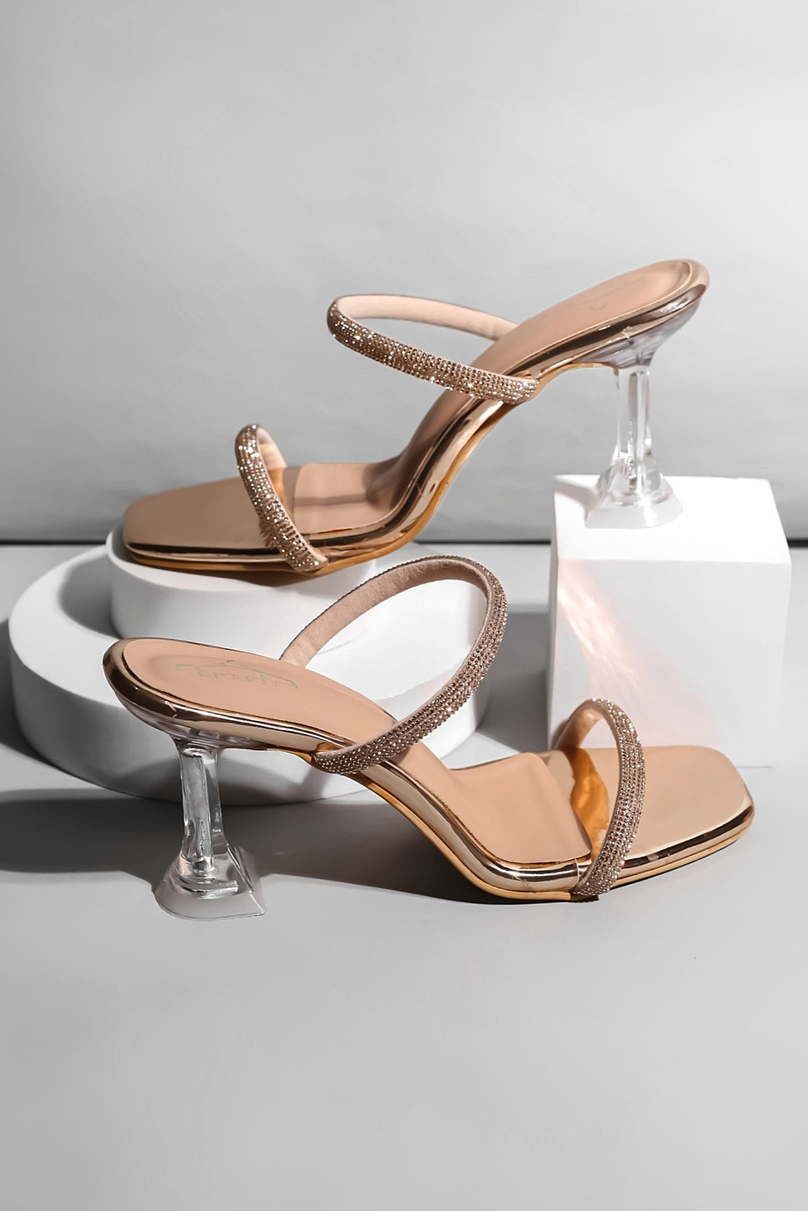 Brauch Rose Gold Multistrap Rhinestone Prism Stiletto Prism Heel