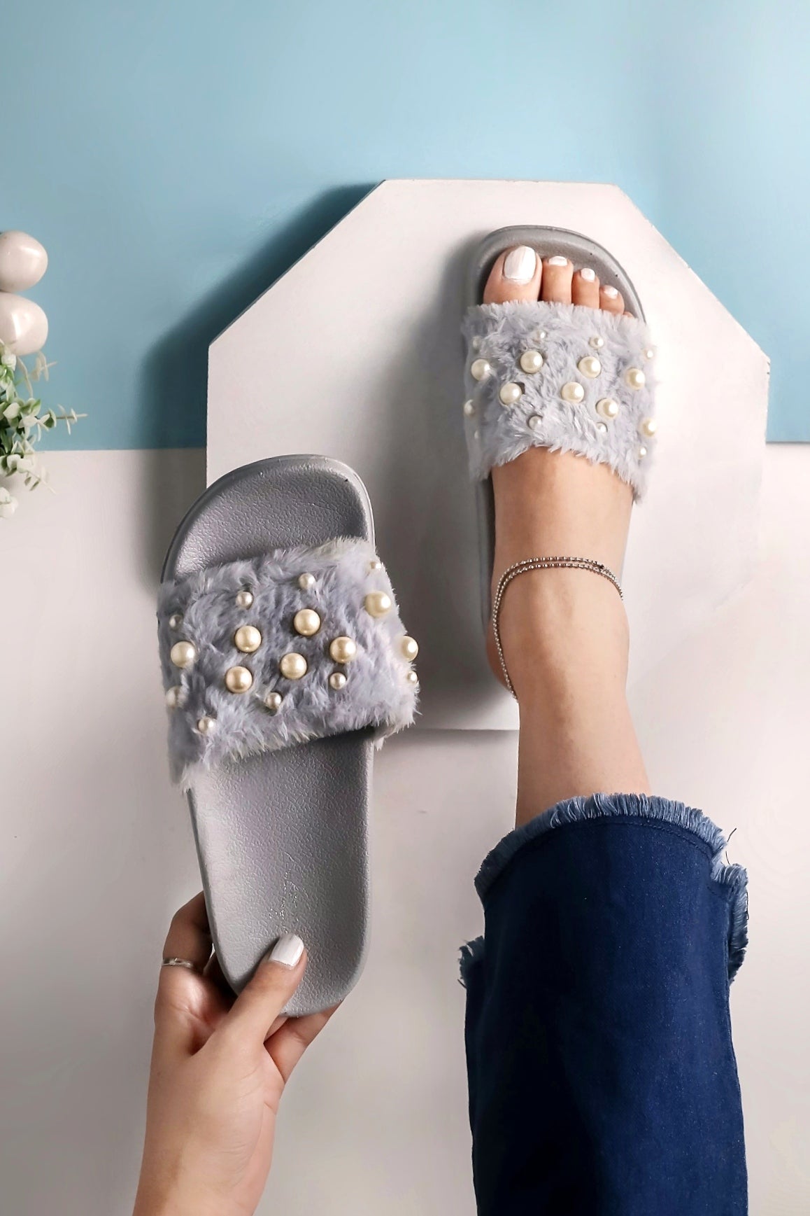 Brauch Women's Grey Fur Pearl Slides – - Main Image