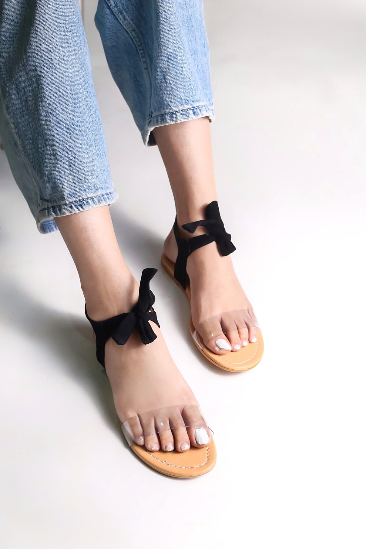 Women Black Suede Transparent Tie Up Fashion Sandal