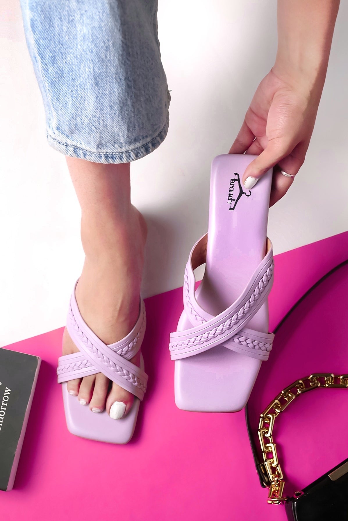 Brauch Purple Cross Strap Patterned Flats