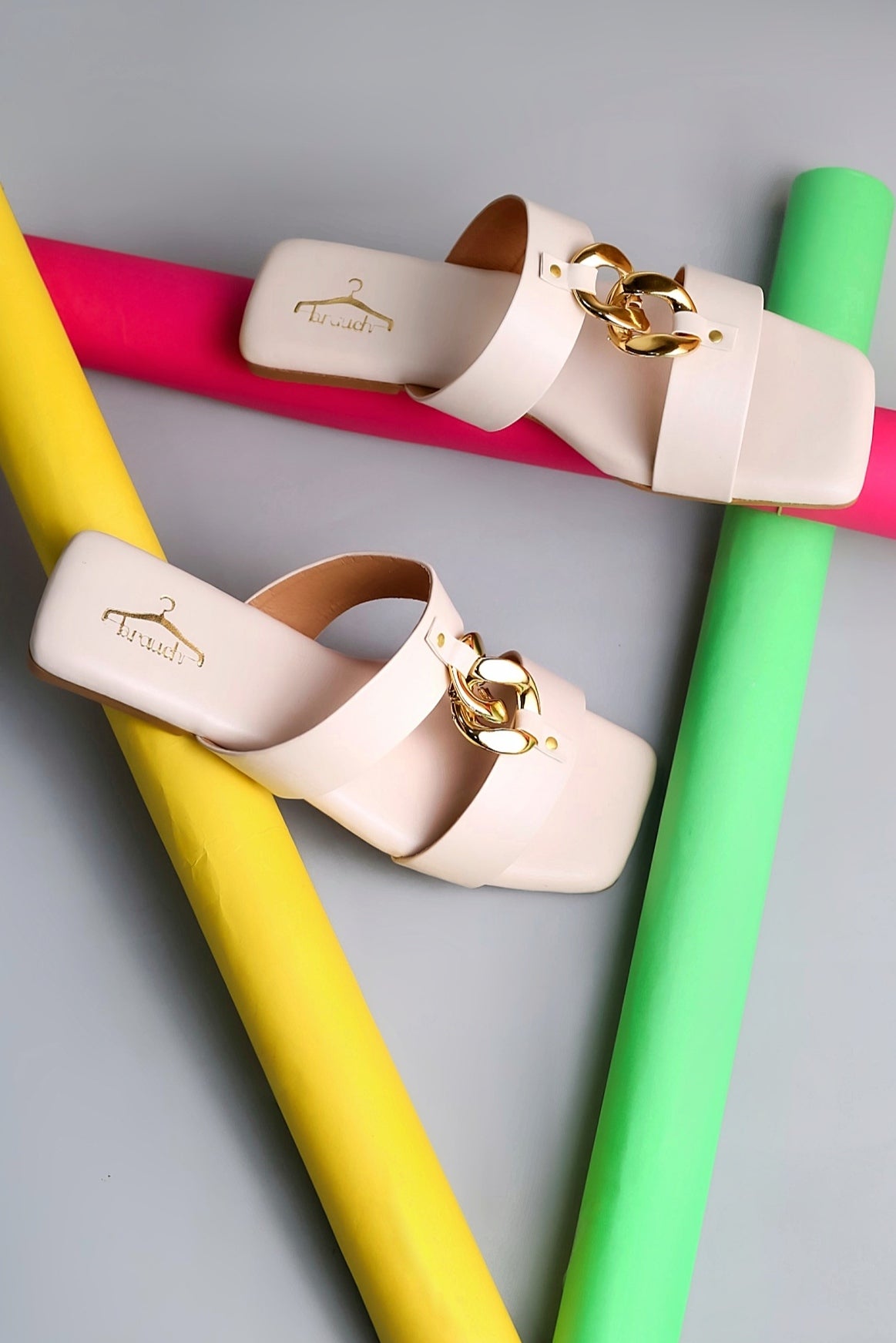Brauch Women Cream Dual Strap Embellished Buckle Flats