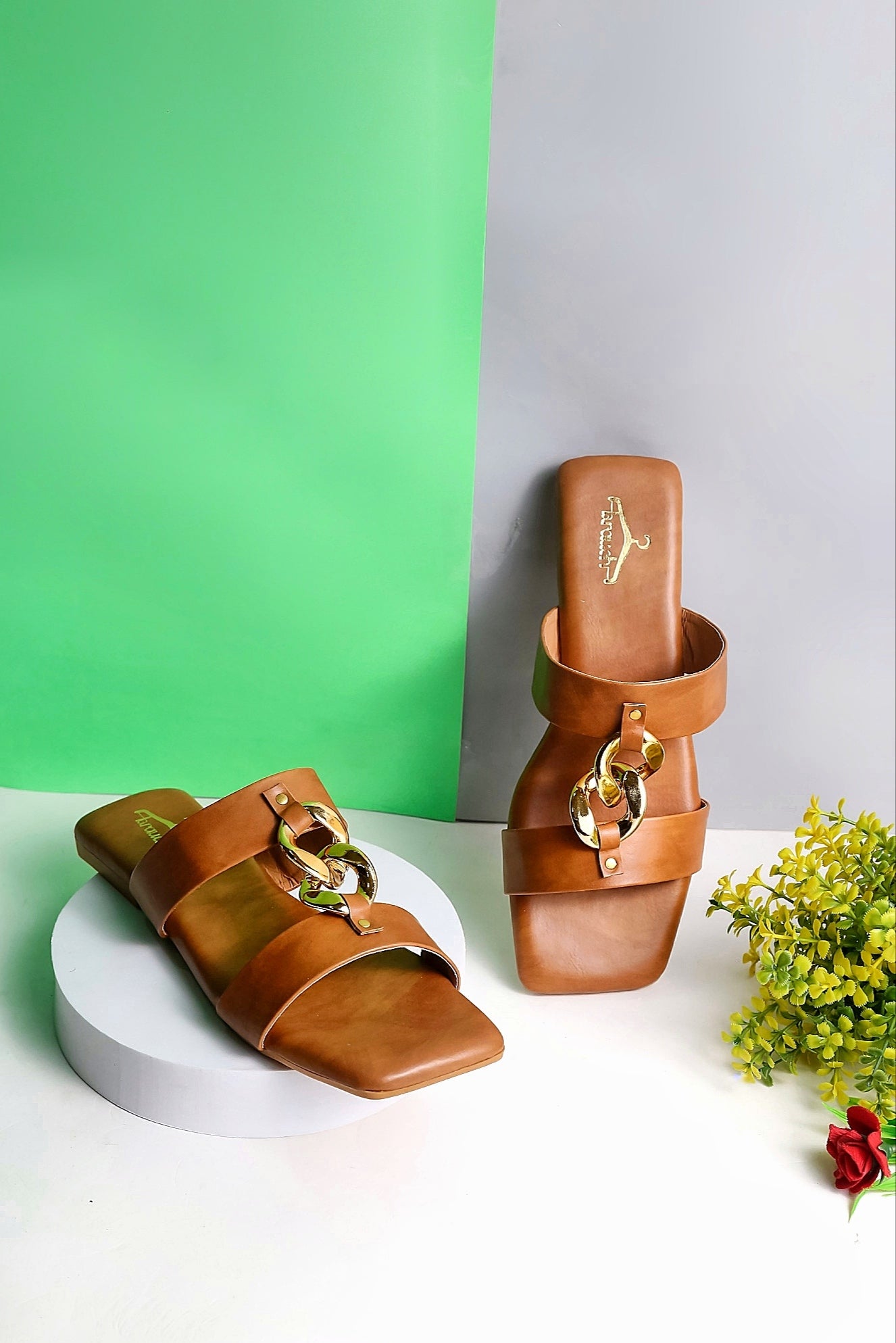 Brauch Women Tan Dual Strap Embellished Buckle Flats