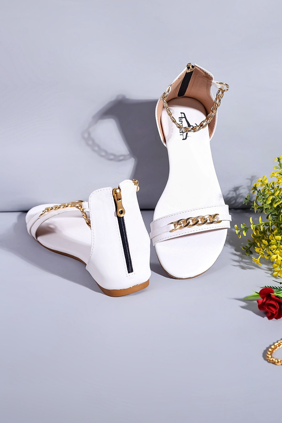 Brauch Women White High Strap Embellished Buckle Flats
