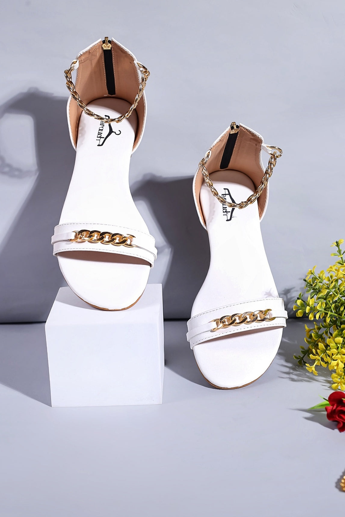 Brauch Women White High Strap Embellished Buckle Flats