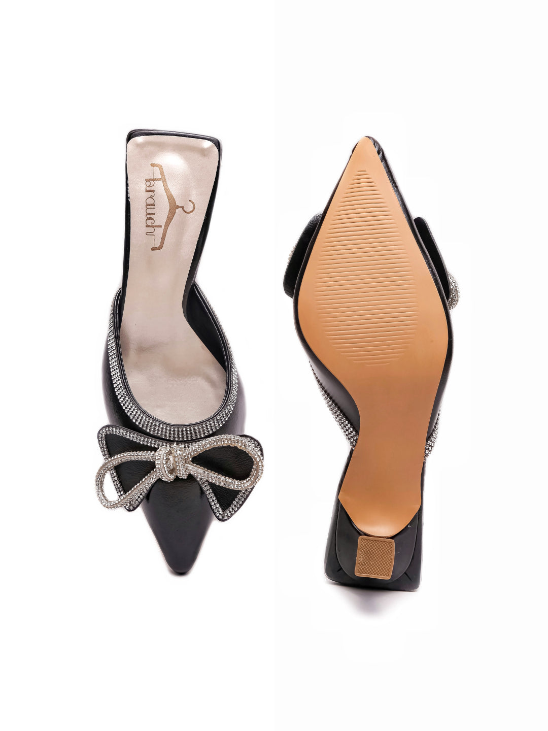 Brauch Black Embellished Rhinestone Bow Kitten Heel Mules