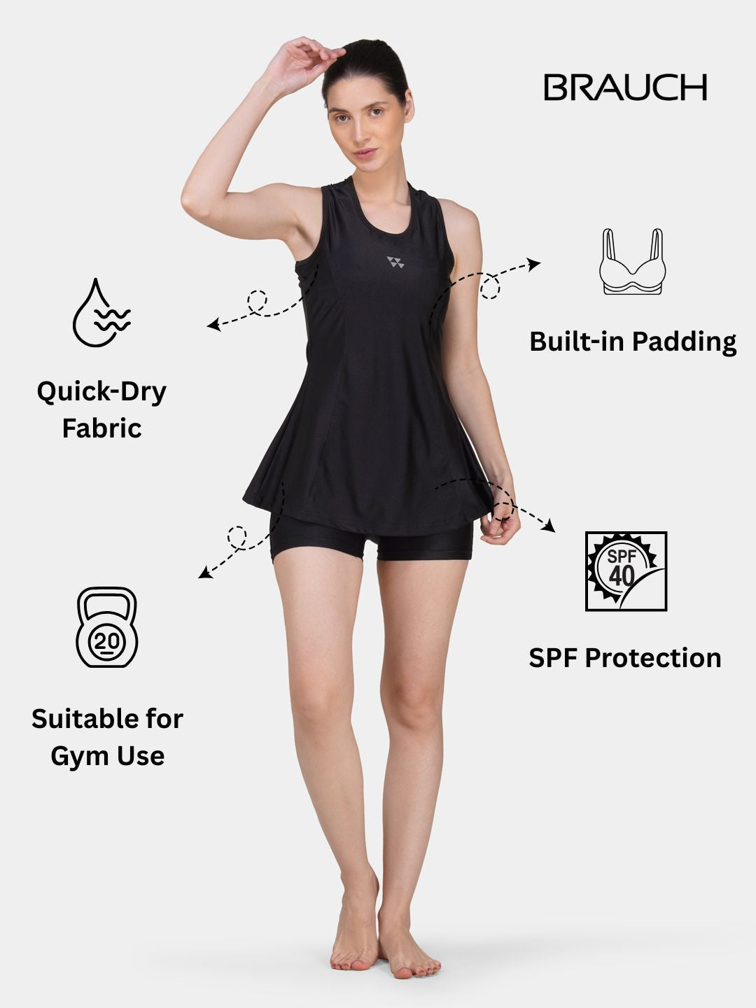 Brauch Women Black Padded Active Fit 2-Piece Swimwear Set