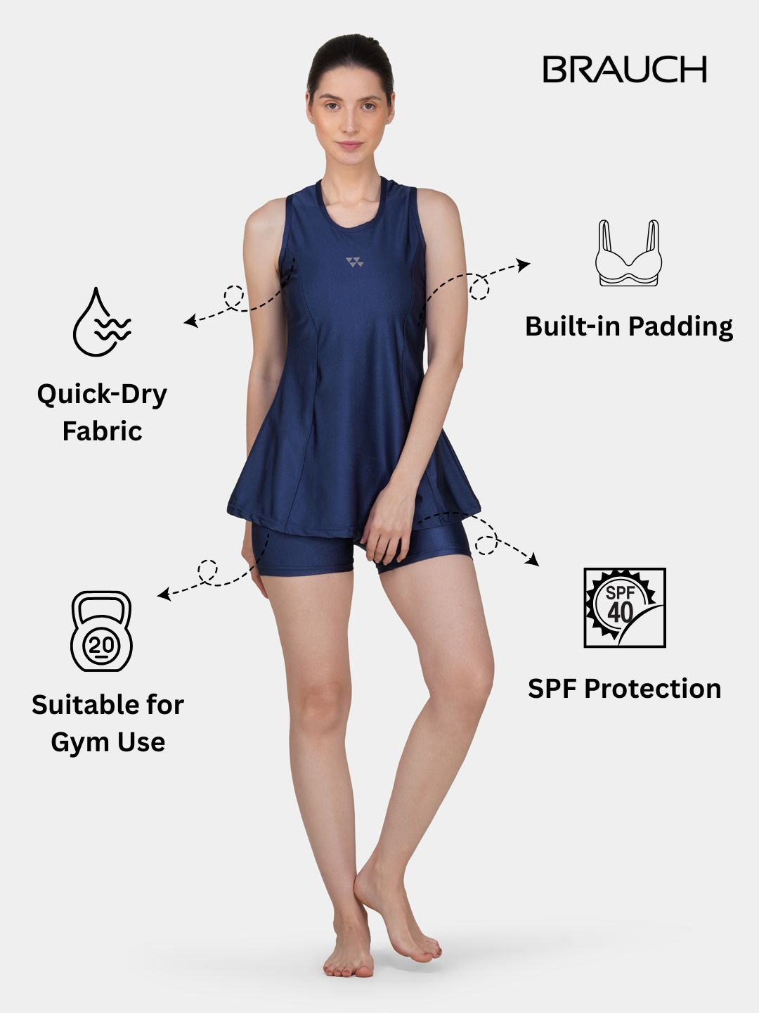 Brauch Women Navy Blue Padded Active Fit 2-Piece Swimwear Set
