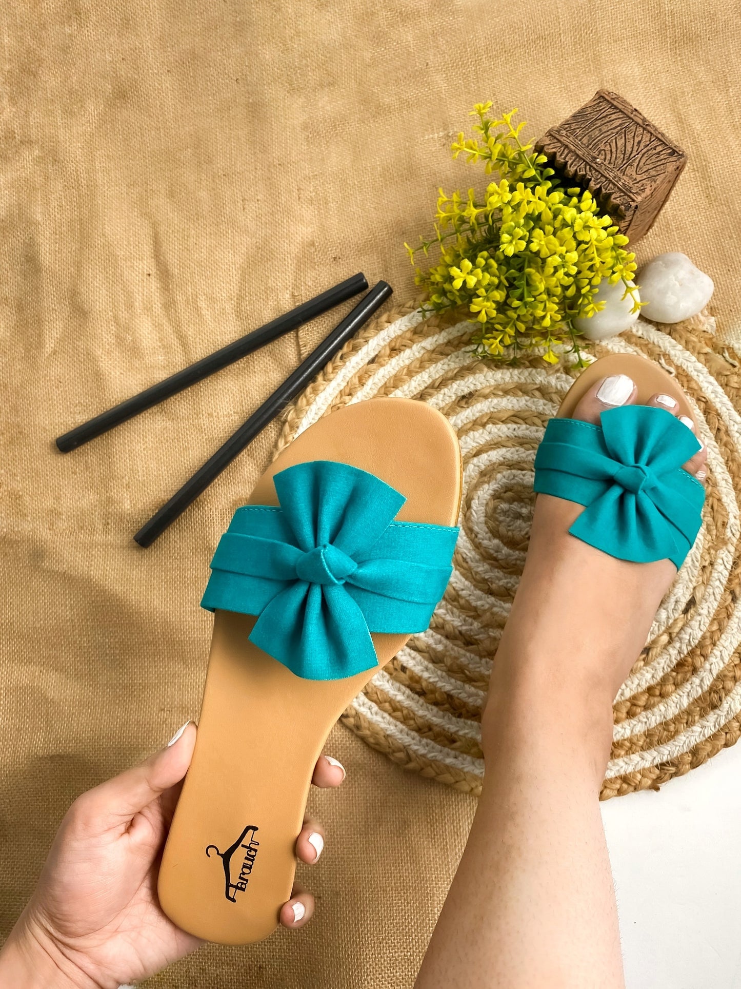 Brauch Women's Bottle Green Suede Bow Flats Slides