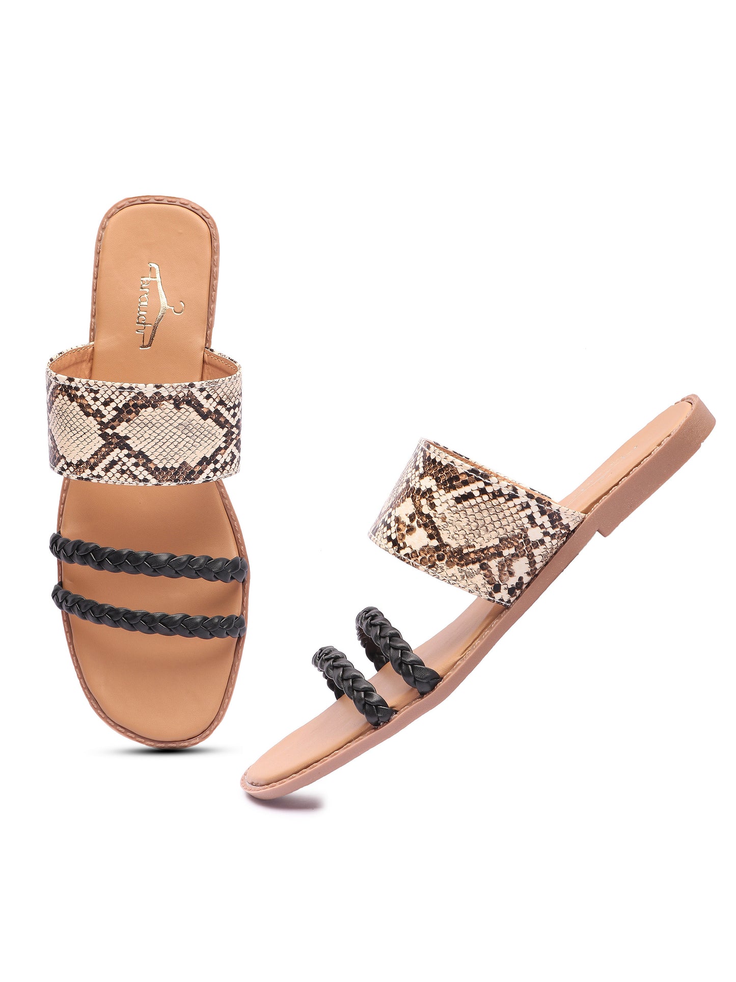 Brauch Women's Beige Snake Printed Flat Sandal
