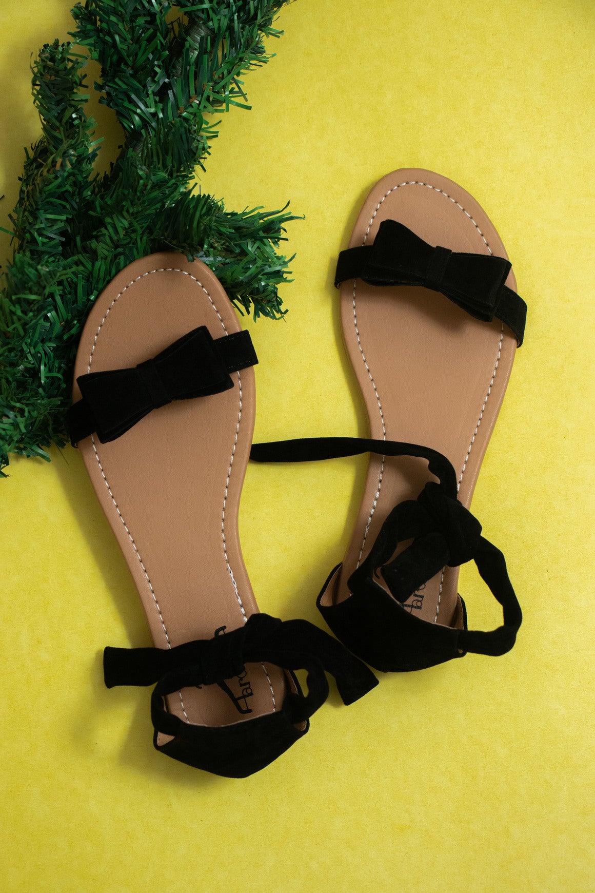 Women Black Suede Bow Tie Up Fashion Sandal