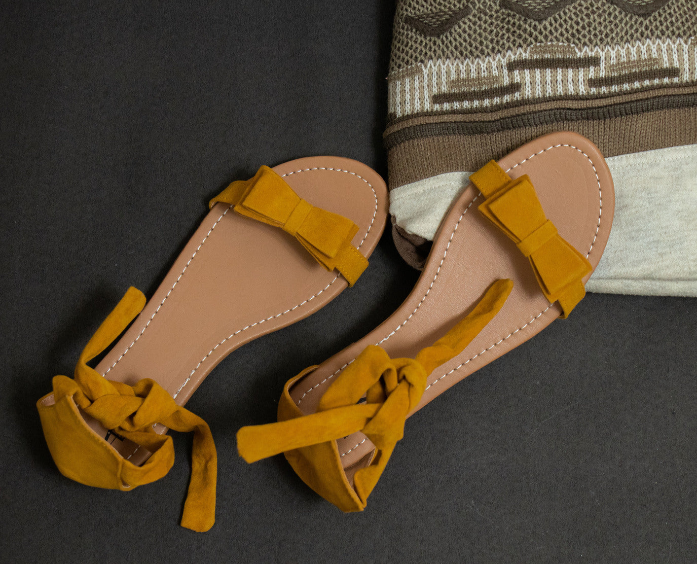 Women Mustard Suede Bow Tie Up Fashion Sandal