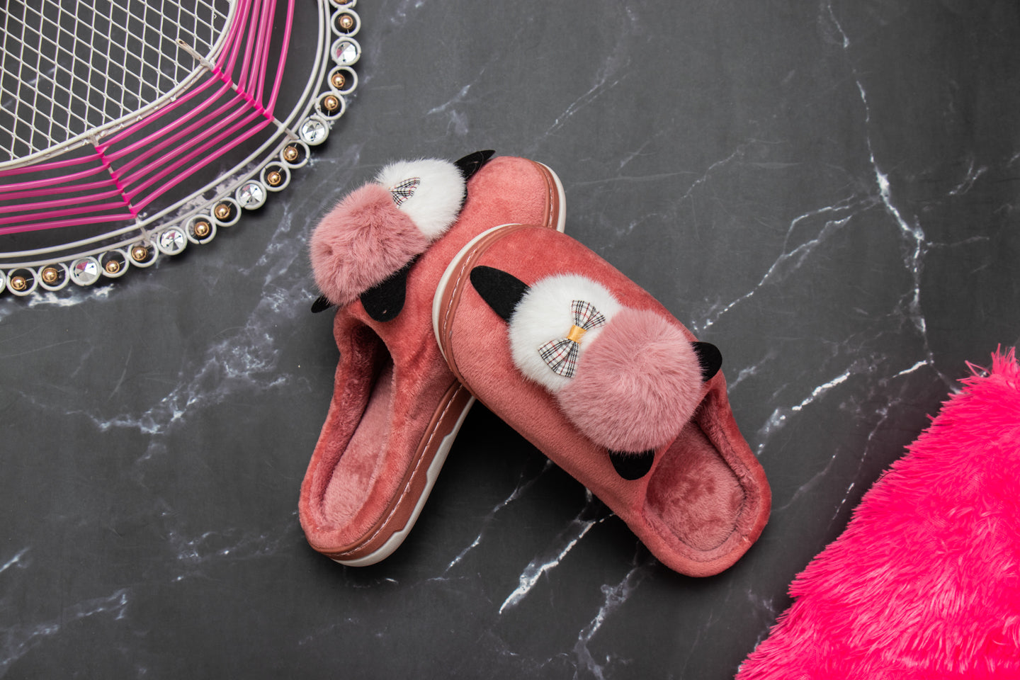 Brauch Women's Pink Bow Kitty Winter Slippers