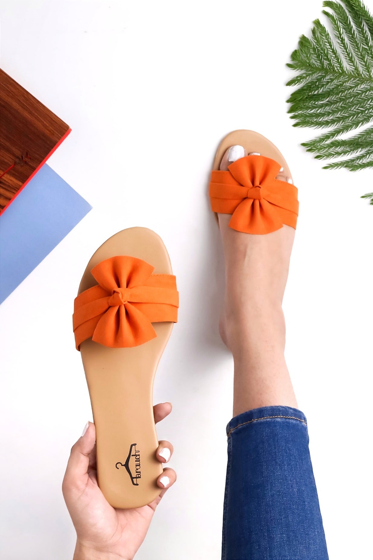 Brauch Women's Orange Suede Bow Flats Slides