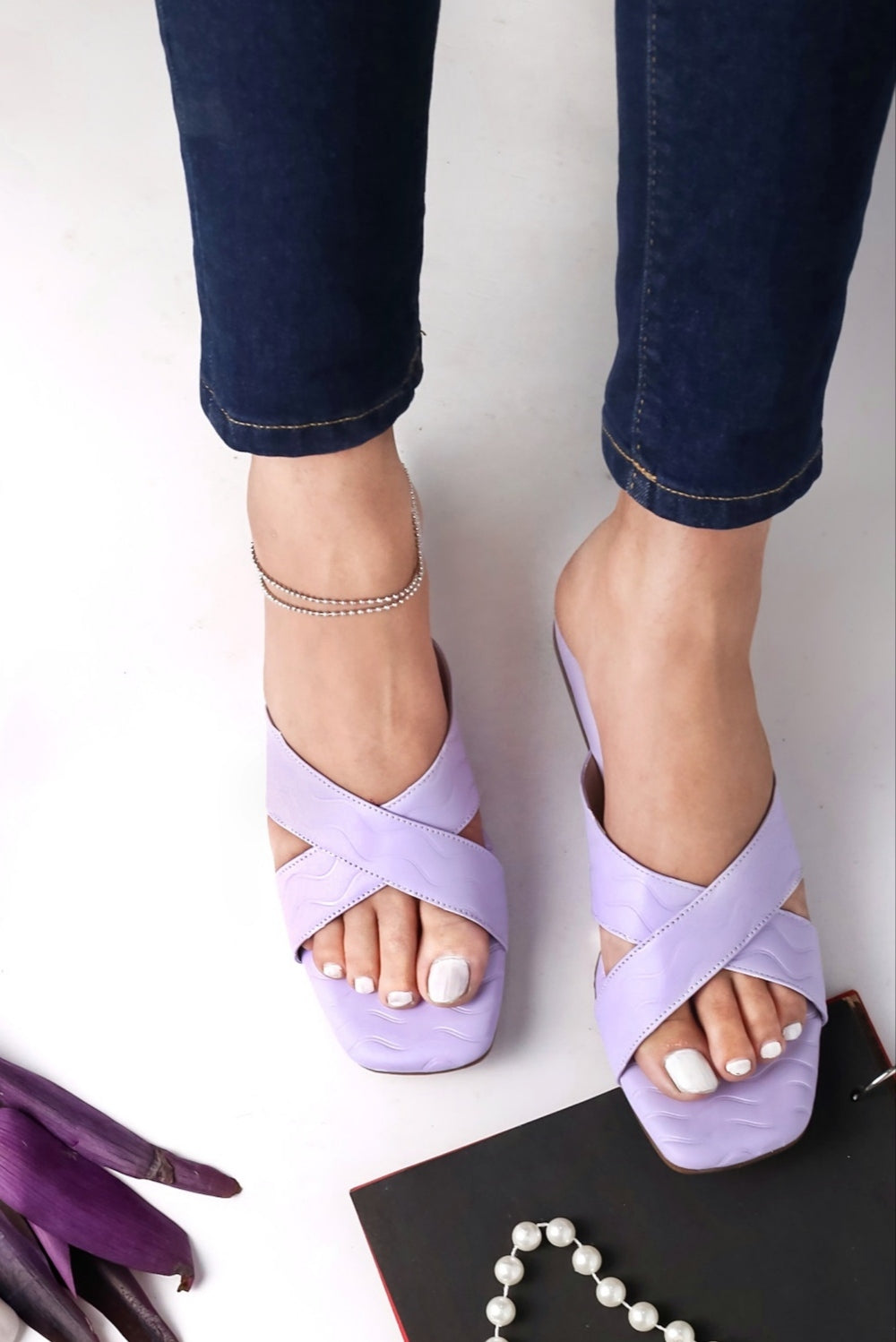 Brauch Lavender Cross Strap Patterned Flats
