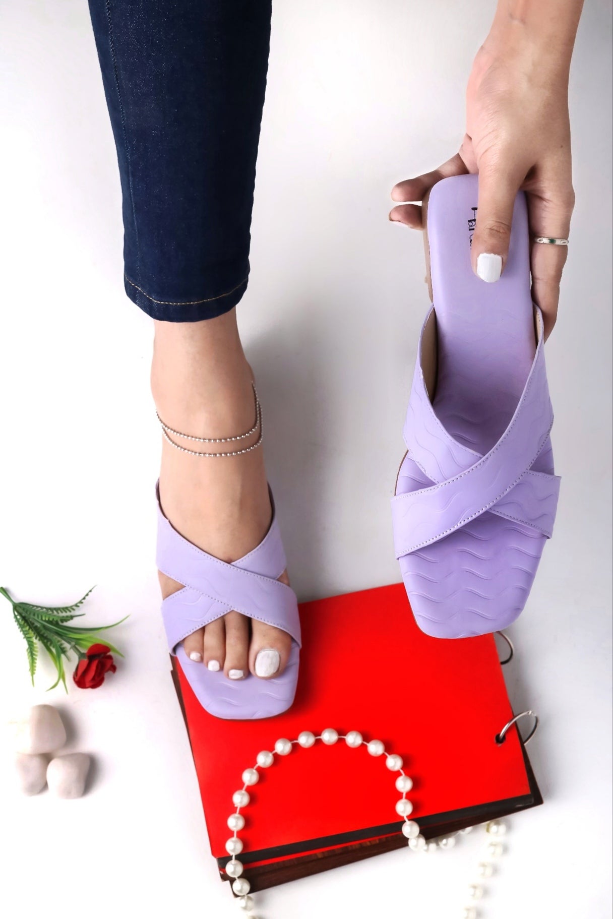 Brauch Lavender Cross Strap Patterned Flats