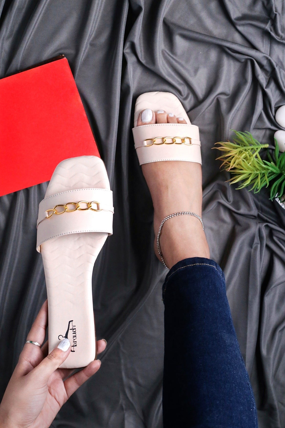 Brauch Off White Buckle Strap Patterned Flats