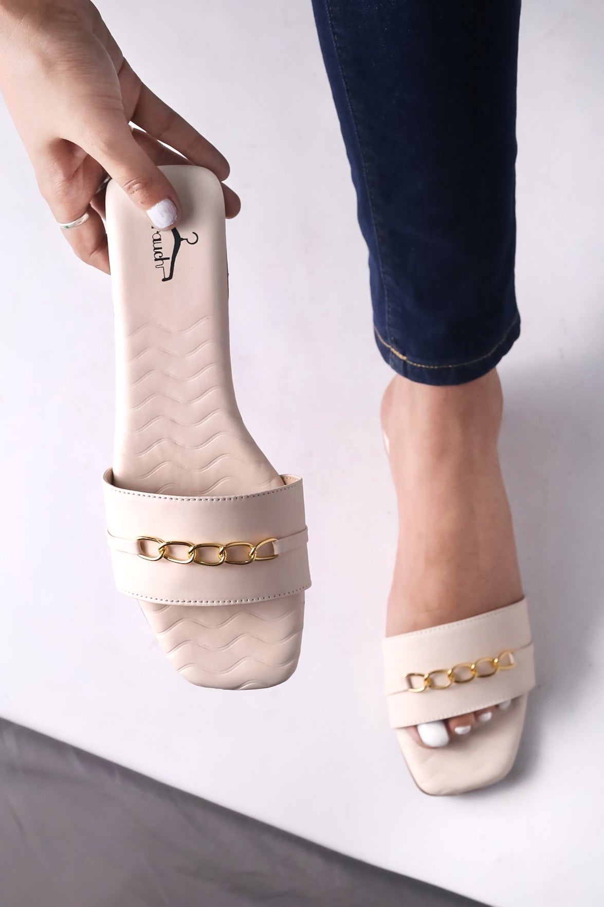 Brauch Off White Buckle Strap Patterned Flats