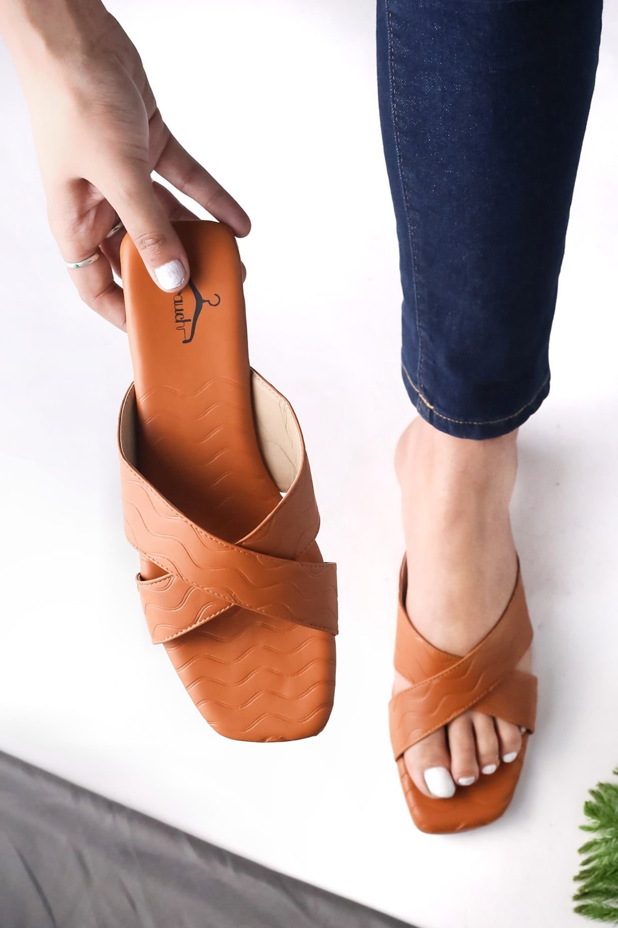 Brauch Tan Cross Strap Patterned Flats