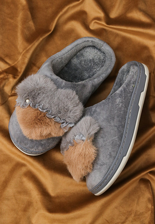 Brauch Women's Grey Heart Pearl Fur Winter Slippers