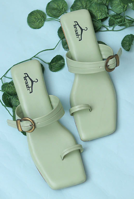 Brauch Sea Green Buckle Strap Square Toe Flats