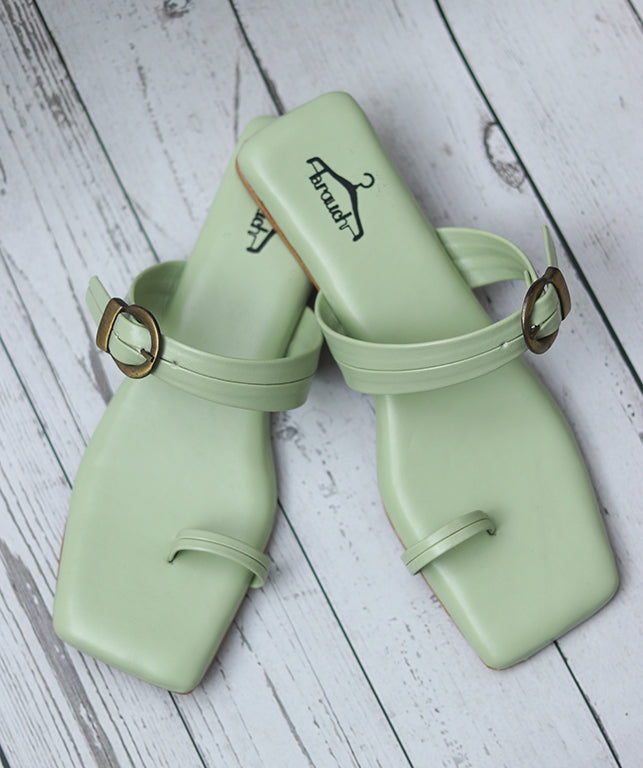 Brauch Sea Green Buckle Strap Square Toe Flats