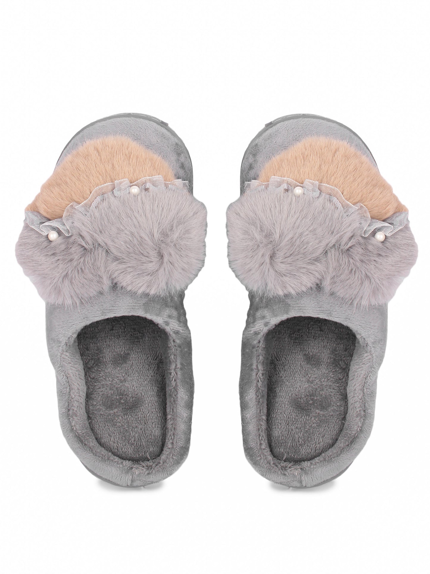 Brauch Women's Grey Heart Pearl Fur Winter Slippers