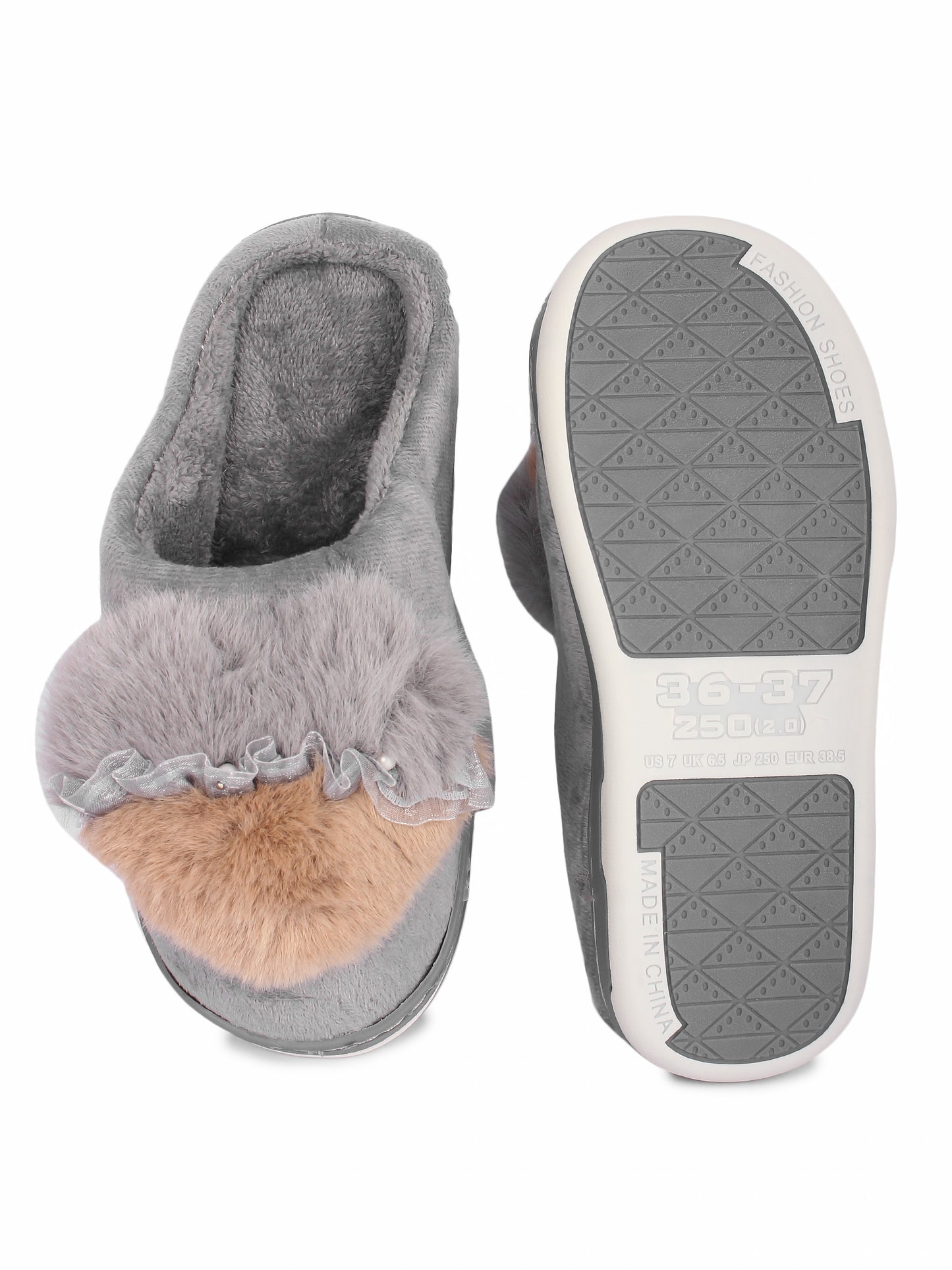 Brauch Women's Grey Heart Pearl Fur Winter Slippers