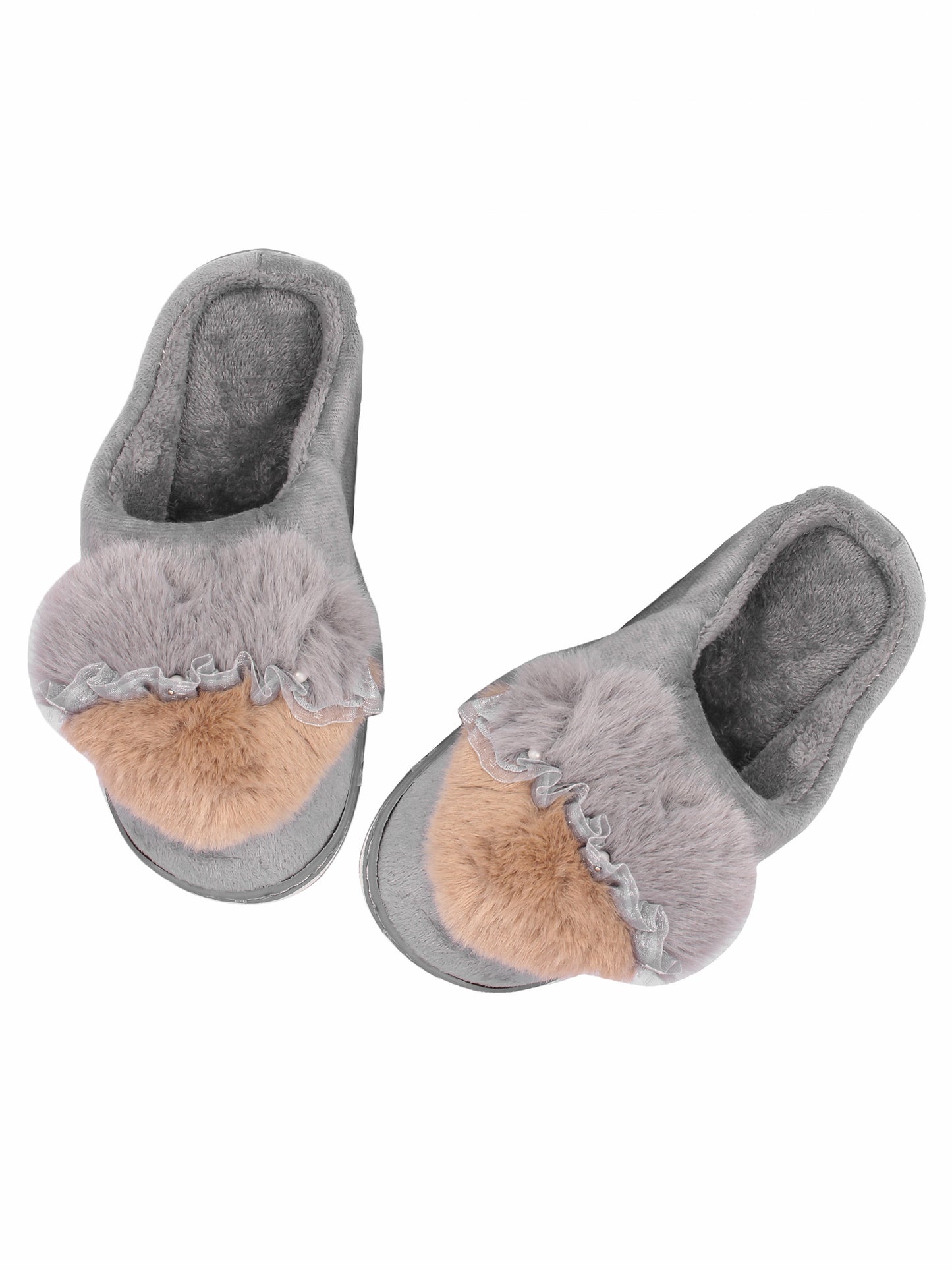 Brauch Women's Grey Heart Pearl Fur Winter Slippers