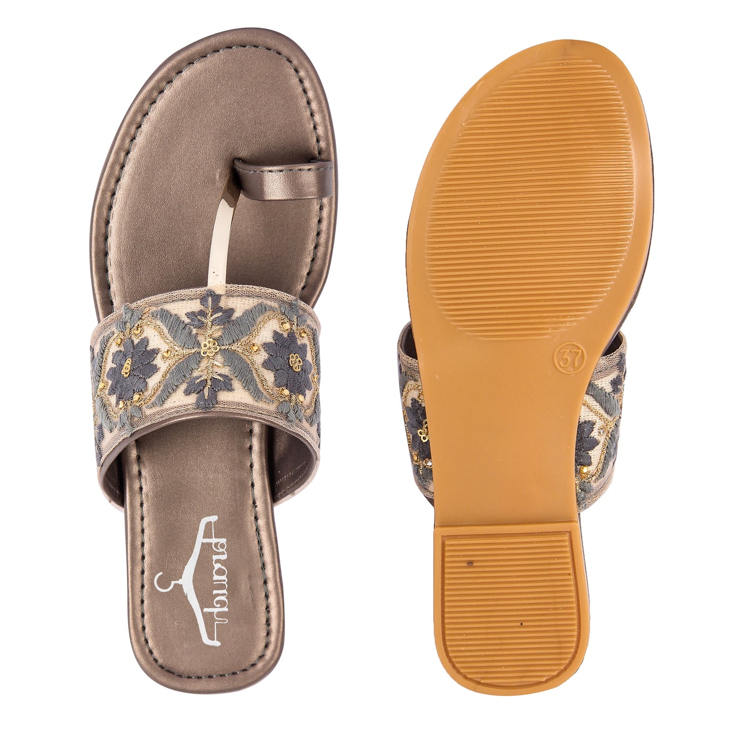 Brauch Women's Grey Embroidered Floral Flats