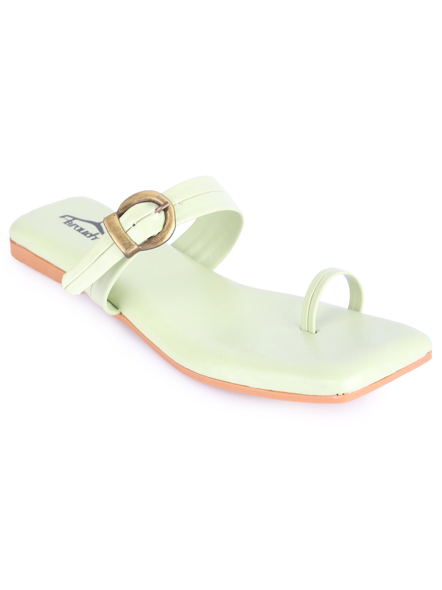 Brauch Sea Green Buckle Strap Square Toe Flats