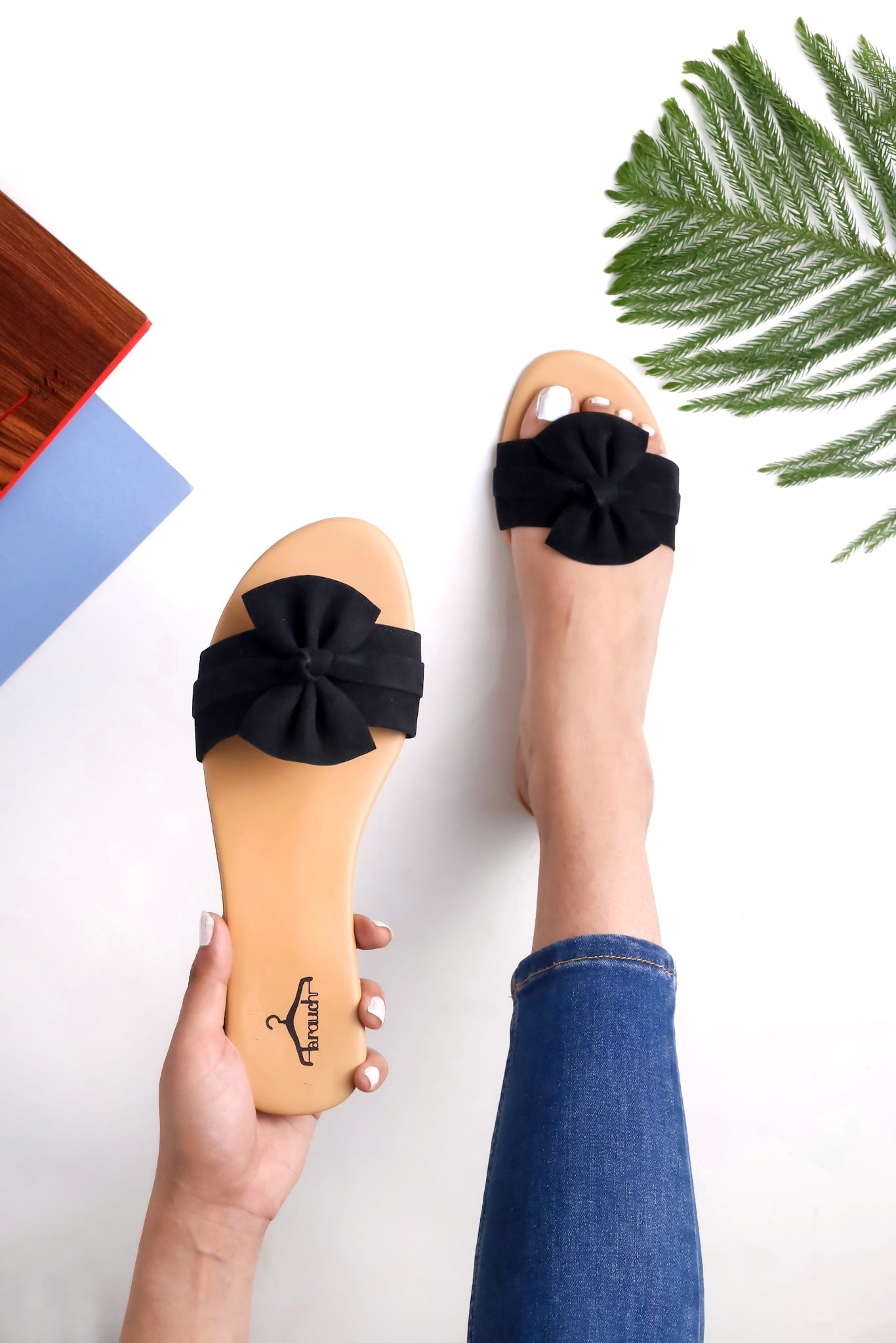 Brauch Women's Black Suede Bow Flats Slides