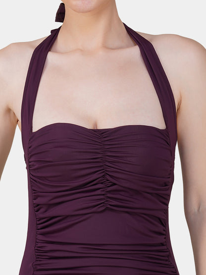 Brauch Maroon Padded Ruched Halter Neck Swimdress